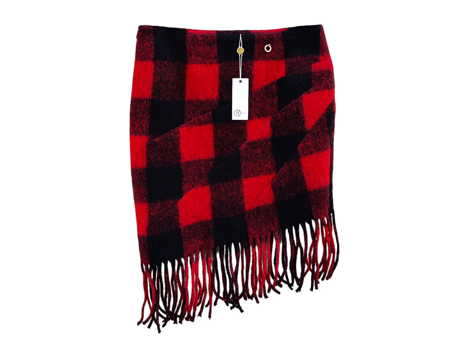 Checked Wool Skirt With Fringes - Red and Black - Women