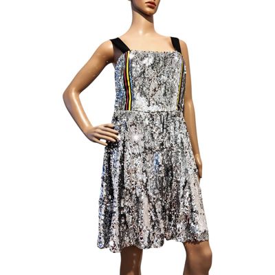 Silver sequin dress, skater cut, wide straps, knee-length - Woman - Trussardi