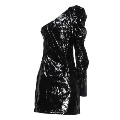 robe asymétrique noire effet vinyle une manche longue - vue dos