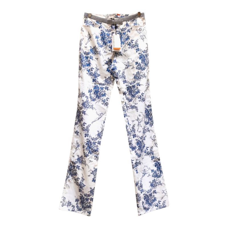 White floral straight pants for women, vintage Castelbajac style, size 28