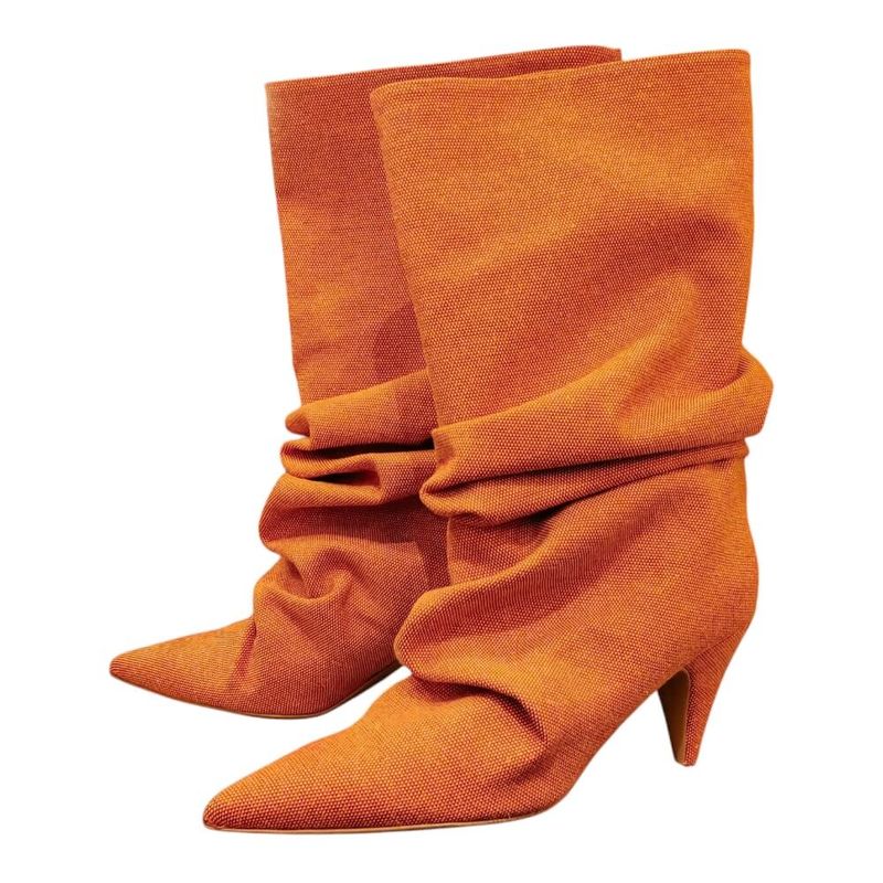 Women’s rust orange denim boots, pointed toe, 8 cm cone heel, ruched design, size 40 EU