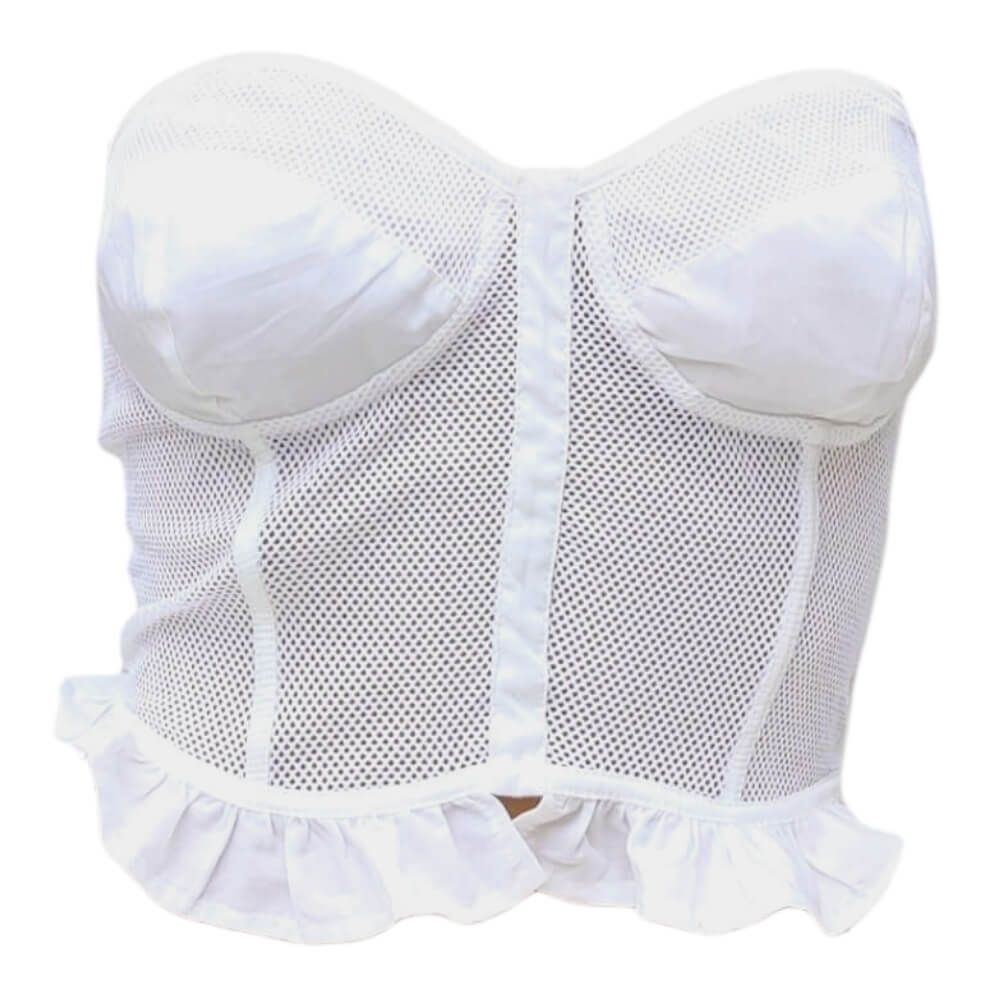 White cotton and mesh bra bustier with ruffle trim – Guess