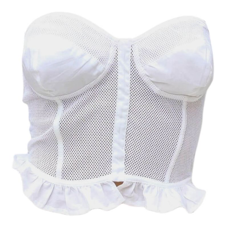 White cotton and mesh bra bustier with ruffle trim – Guess