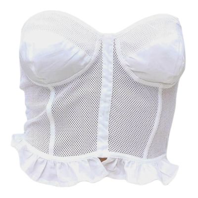 White cotton and mesh bra bustier with ruffle trim – Guess