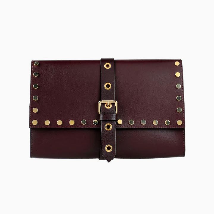 Large leather clutch for women in burgundy, with golden studs