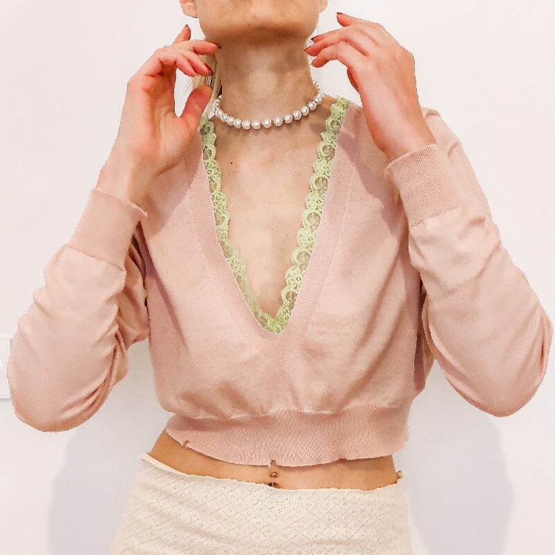 Pull Femme Court Rose Poudré avec Dentelle - Taille 36