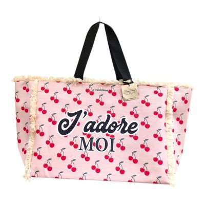 Large pink summer bag for women with cherry print