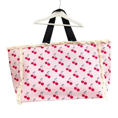 Large pink summer bag for women with cherry print – back view