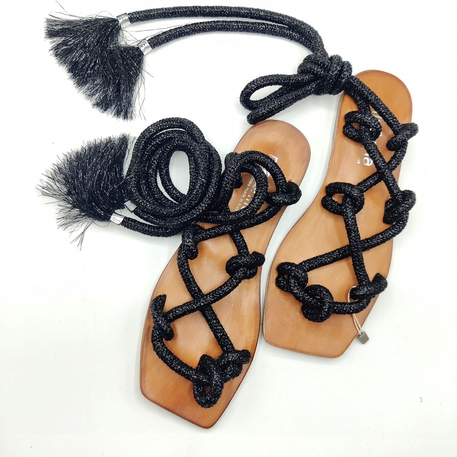 Black Sandals with Tie-Up Ankle Strap
