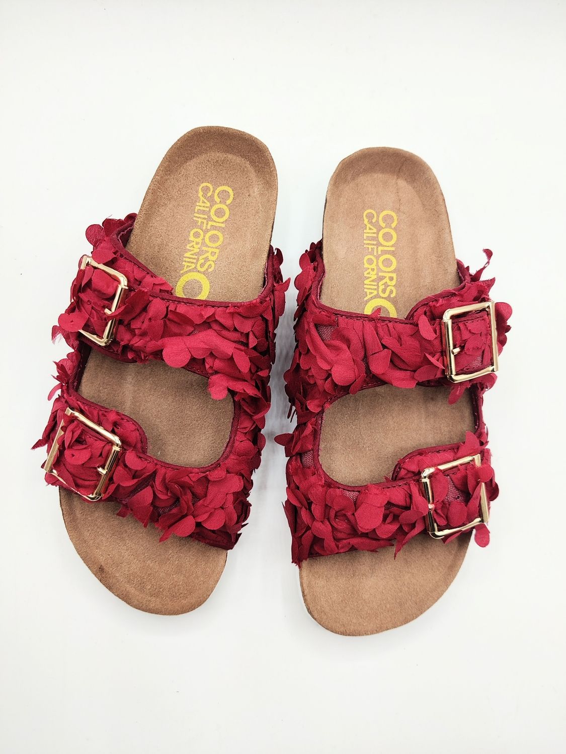 Flat Mule Sandals with Red Flower Petals
