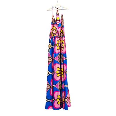 Long Satin Dress with Bold Flowers - S &amp; M 