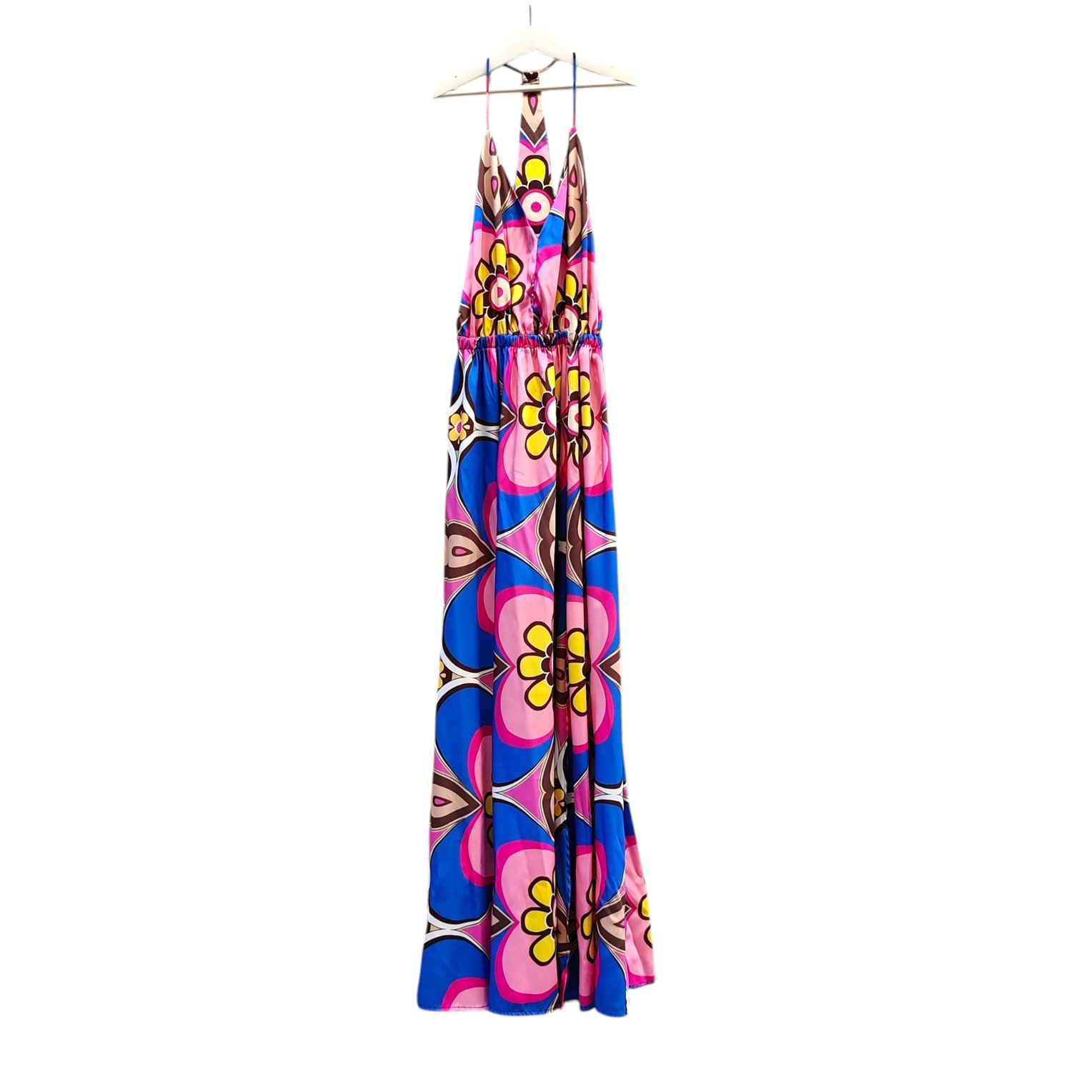 Long Satin Dress with Bold Flowers - S &amp; M 