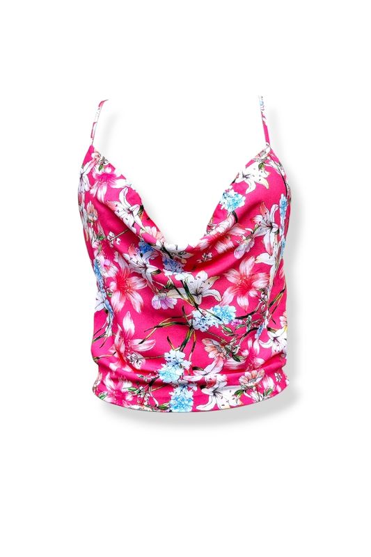Coral pink floral top – Spaghetti straps – M
