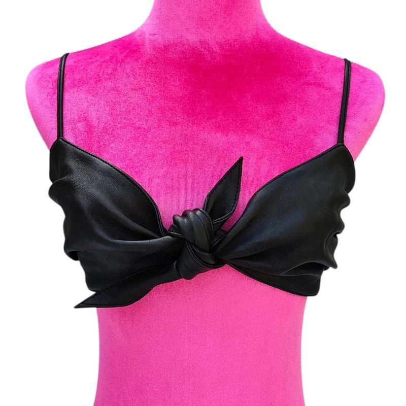 women&#39;s genuine black leather crop top – tie front