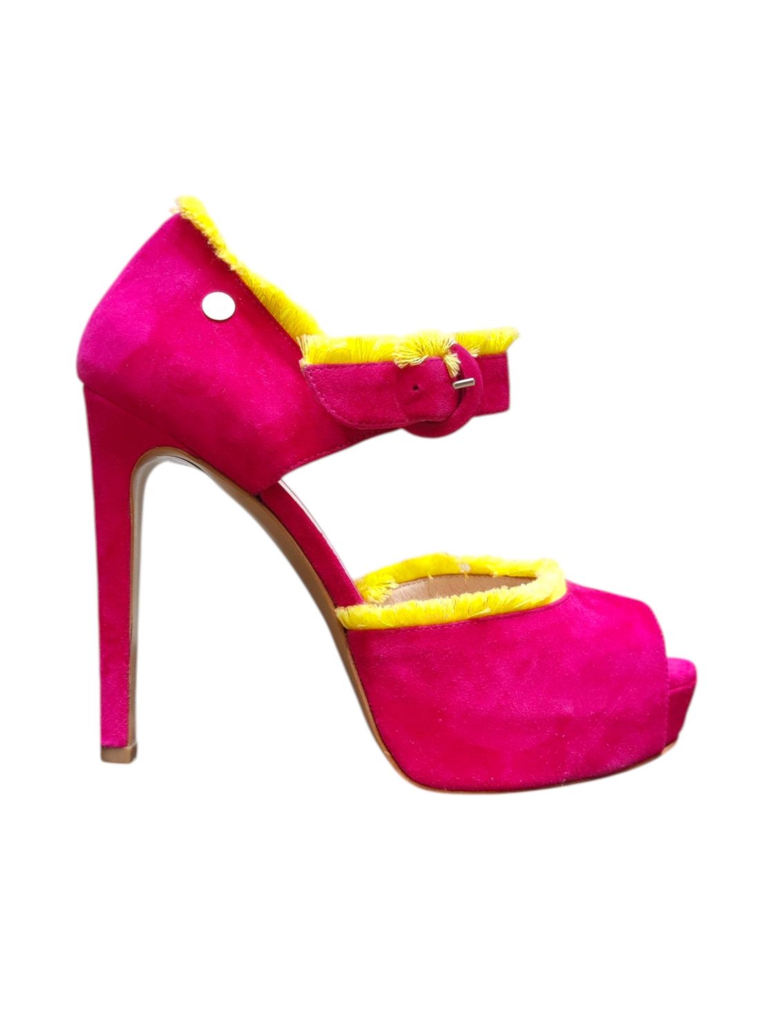 Sandales en daim rose fuchsia et jaune à talon avec bride et franges