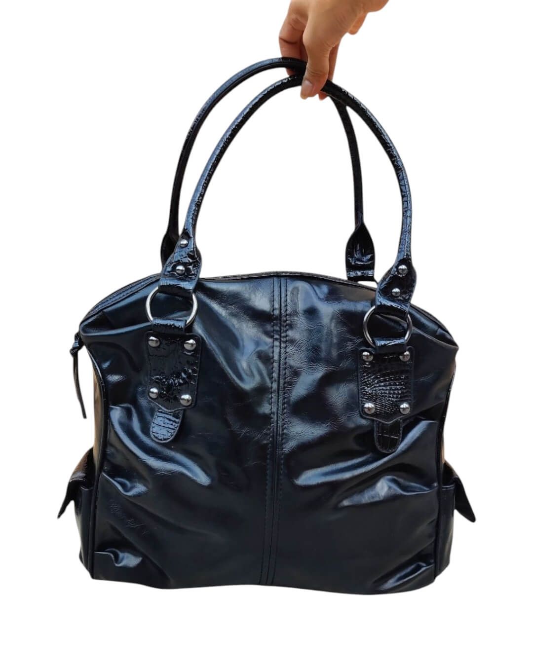 Sac à main femme noir verni vintage rétro chic grand format