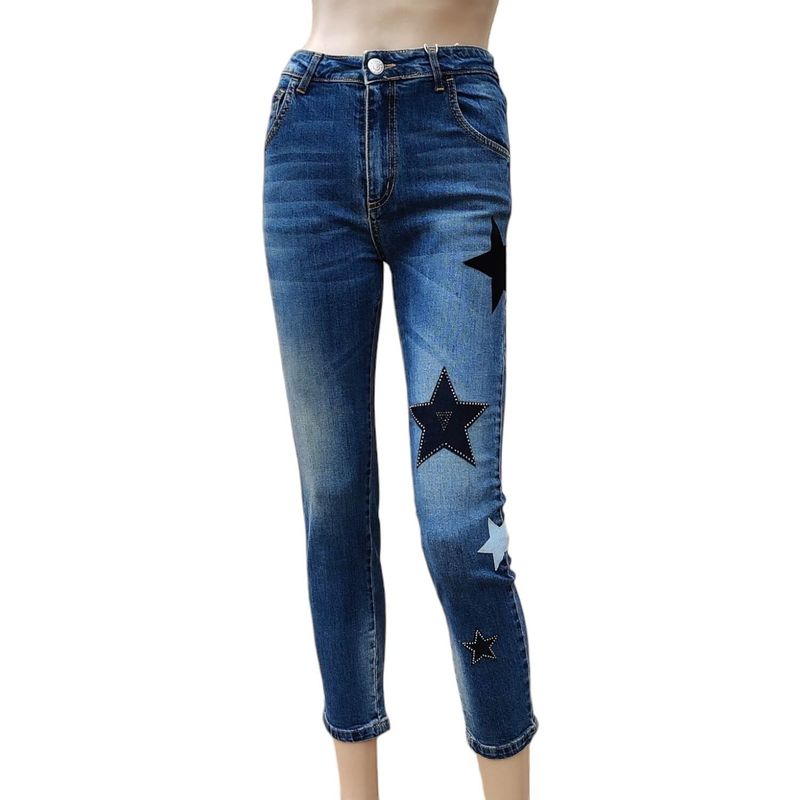 Jean court slim patchs étoiles taille haute bleu - 26