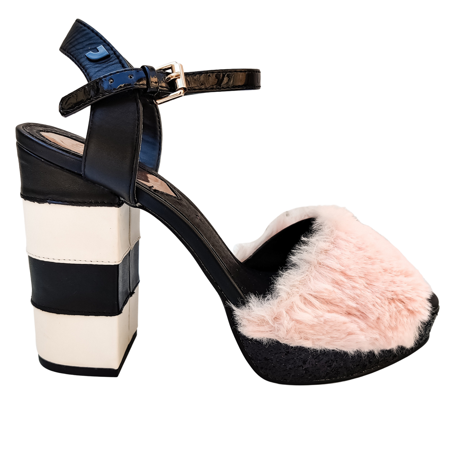 sandale fourrure rose femme à talon bloc noir et blanc 