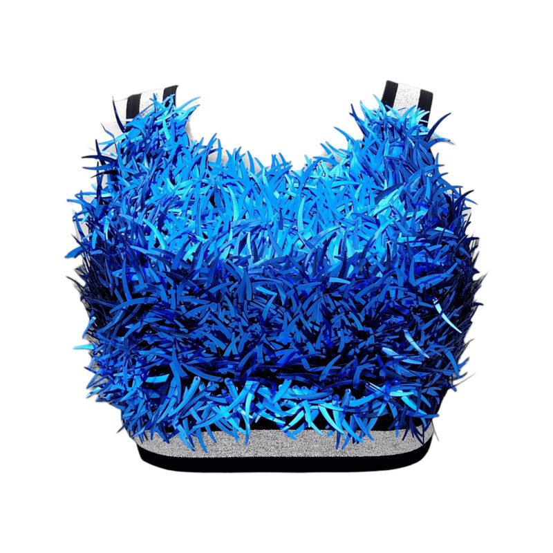 Crop top femme bleu électrique à paillettes forme plumes, style sport-chic