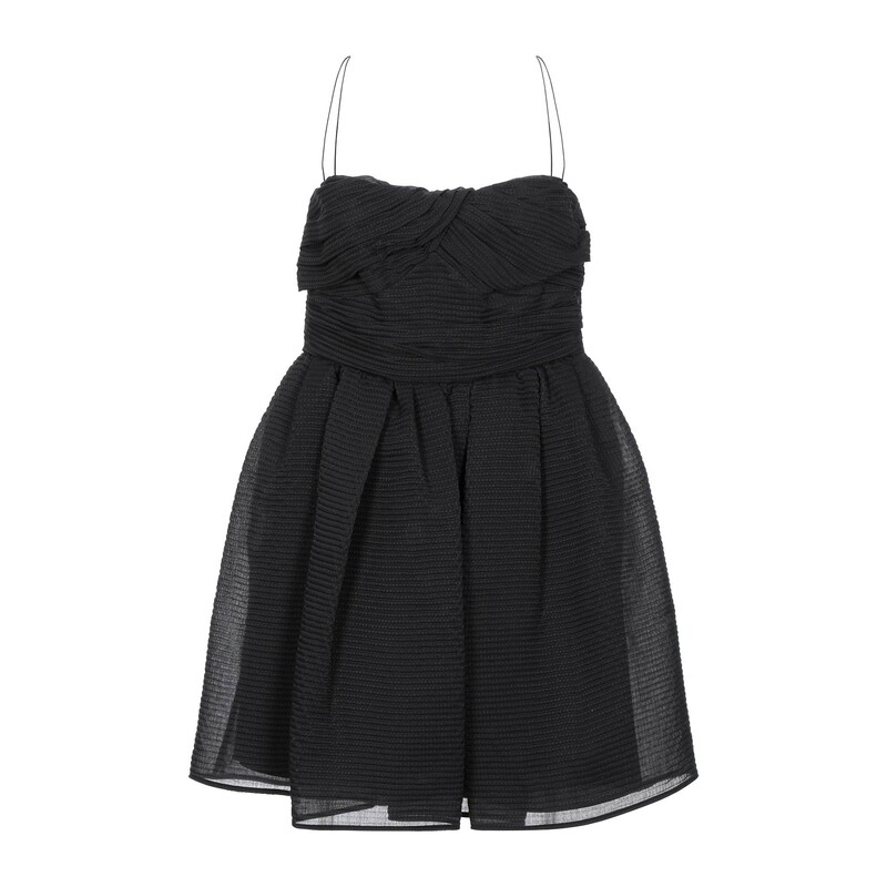Robe bustier courte noire évasée à fines bretelles 