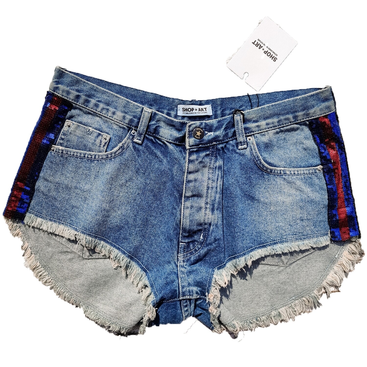 Short en jean taille basse bande sequins - 29