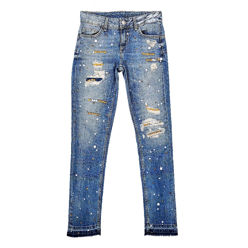 Jean femme avec perles et strass, coupe slim, de marque Liu Jo 