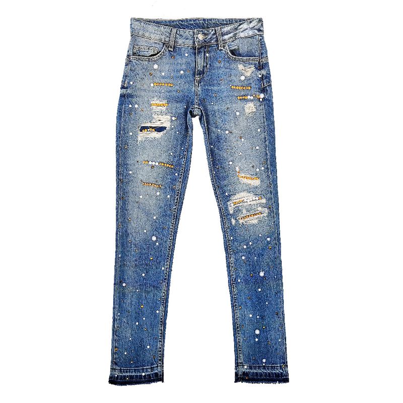 Jean femme avec perles et strass, coupe slim, de marque Liu Jo 