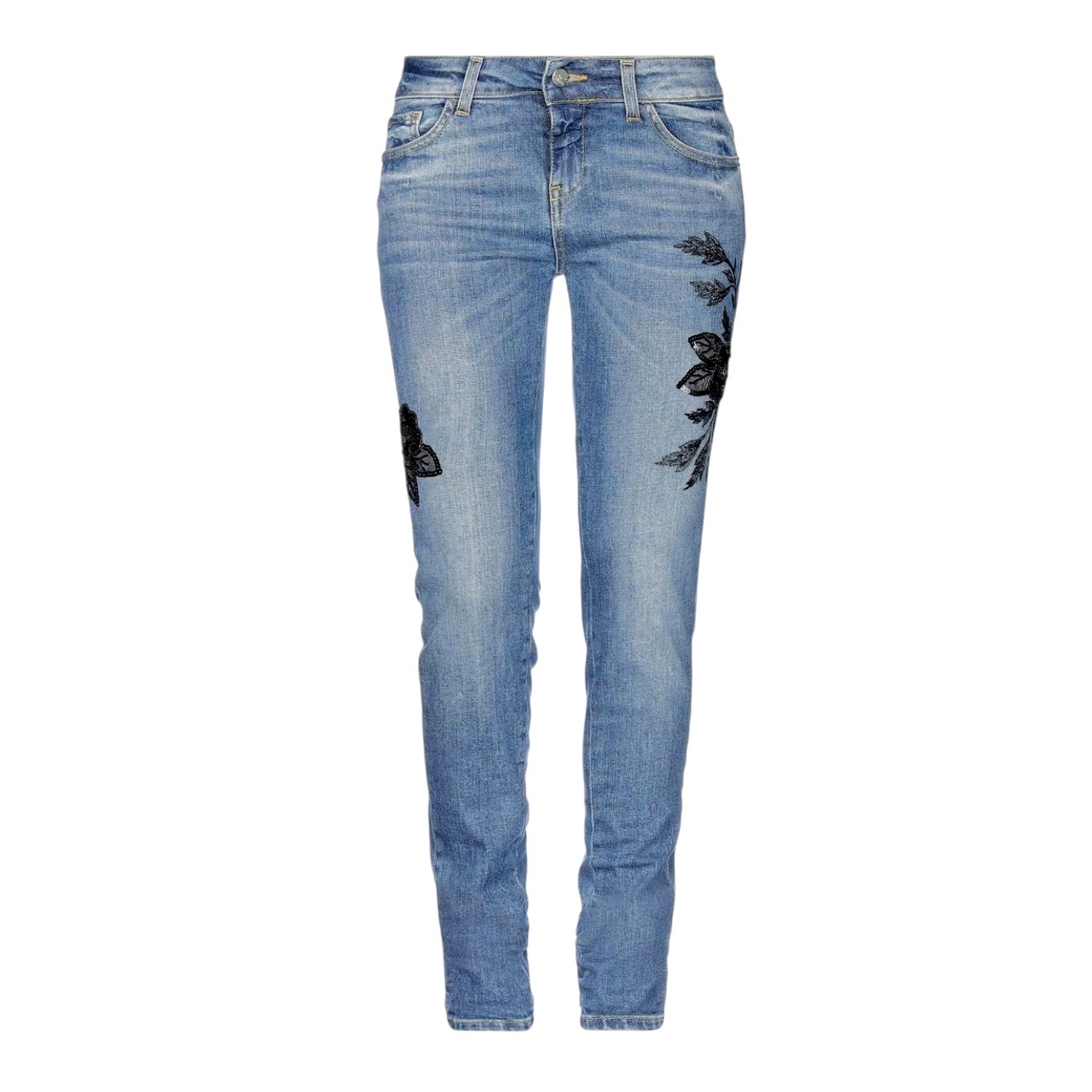 Jean slim bleu broderie fleurs perles sequins noirs - hauteur taille normale 