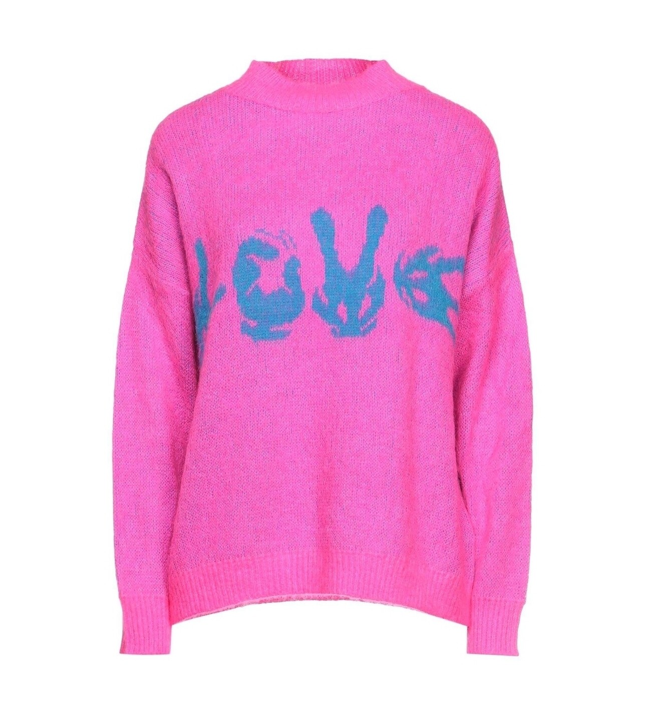 pull femme rose fuchsia en laine avec motif Love et signe peace