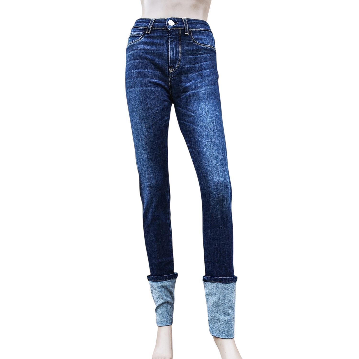 jeggings femme à revers bleu foncé taille haute