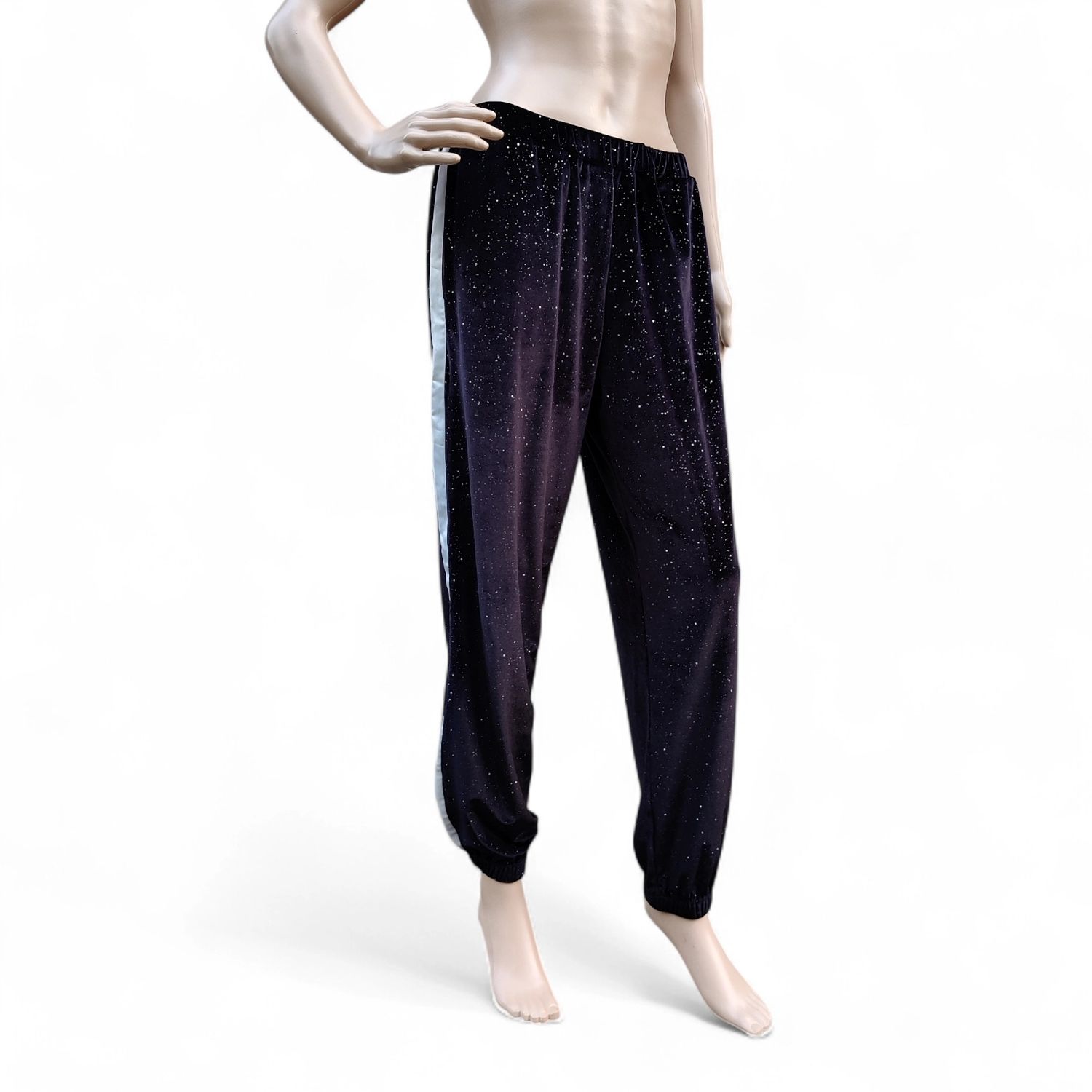 Jogging velours noir pailleté - bande blanche - M