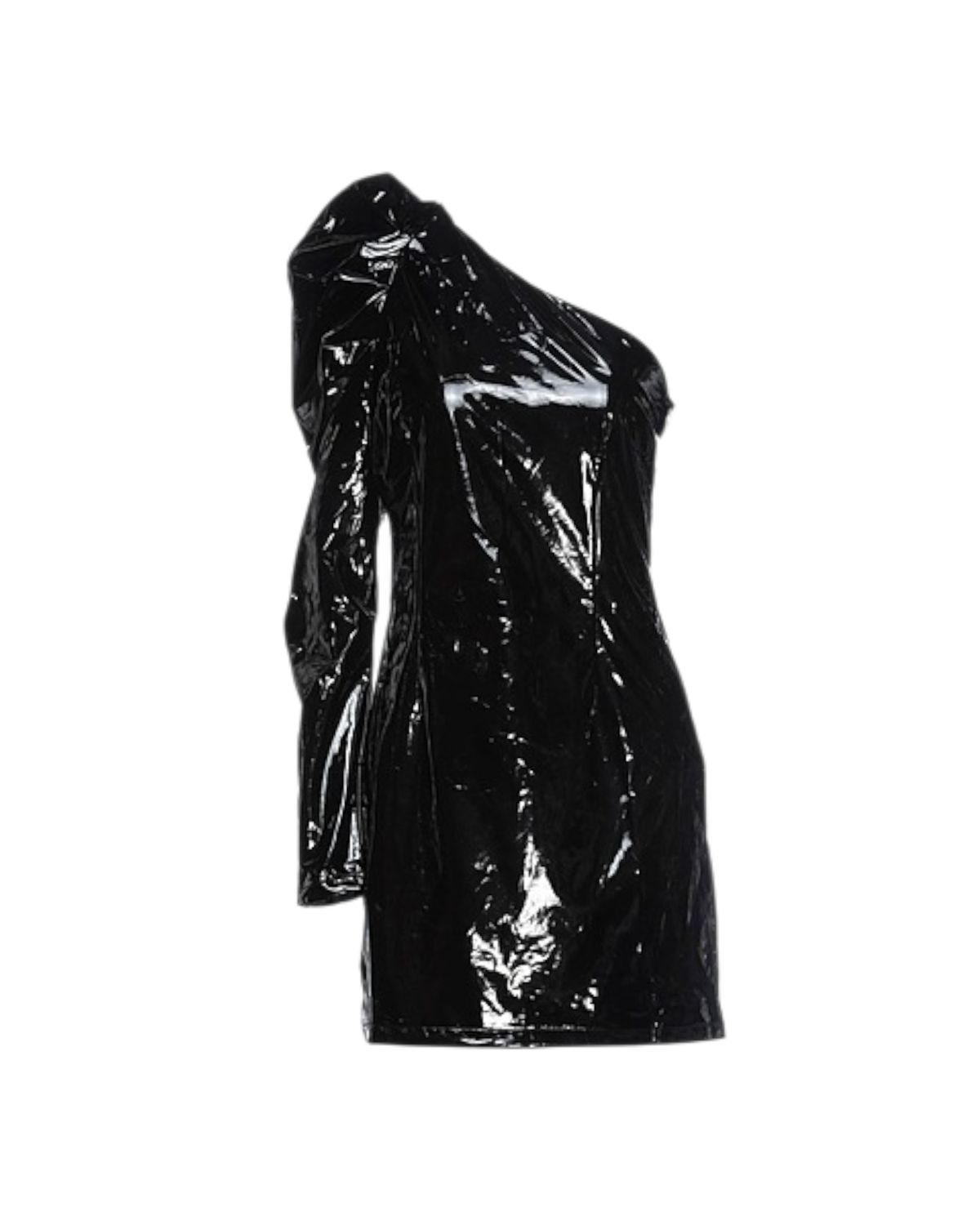 Robe femme asymétrique une manche longue bouffante, effet cuir verni noir