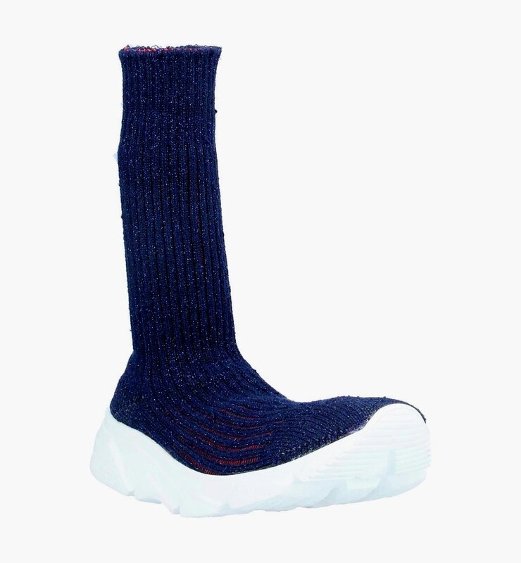 Baskets chaussette pour femmes en maille côtelée lurex bleu marine
