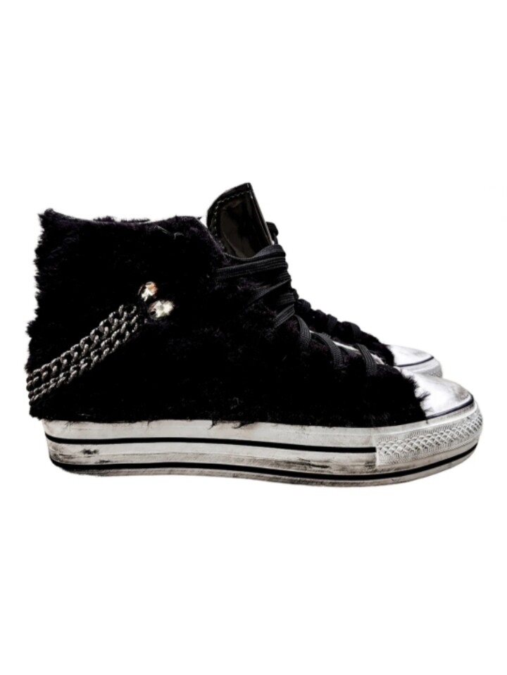 baskets fourrure femme noires montantes avec chaînes et strass