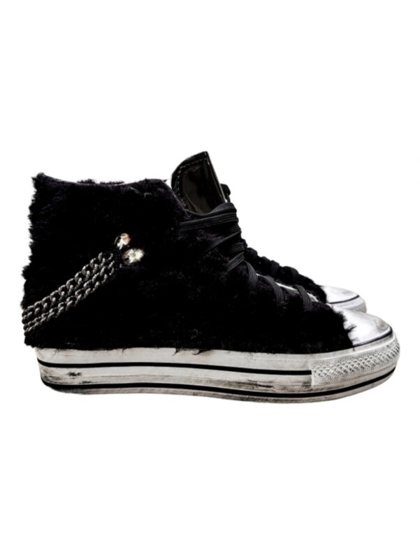 baskets fourrure femme noires montantes avec chaînes et strass