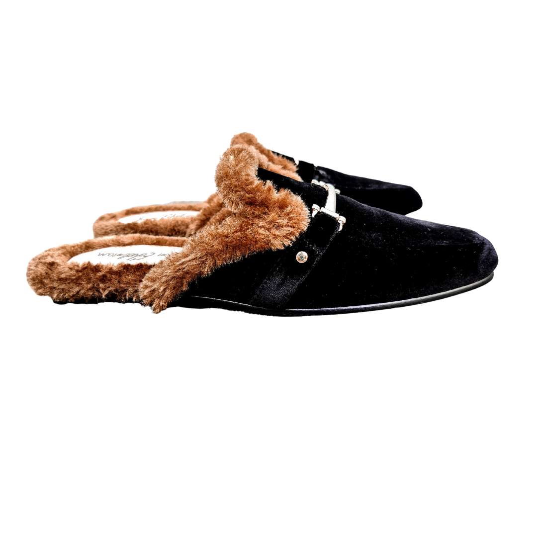 mules mocassins femme velours noir avec fourrure camel