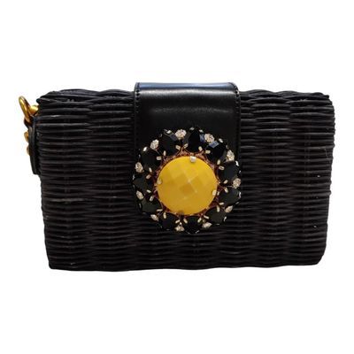 Minaudière clutch osier noir fleur cristal bandoulière amovible