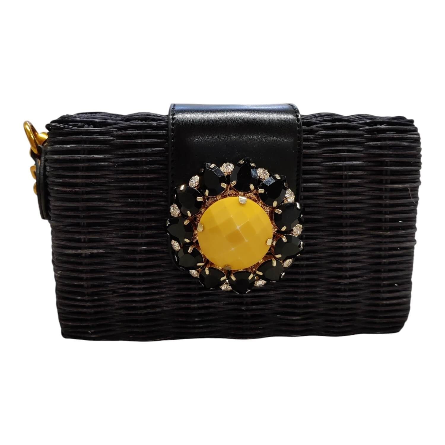Minaudière clutch osier noir fleur cristal bandoulière amovible