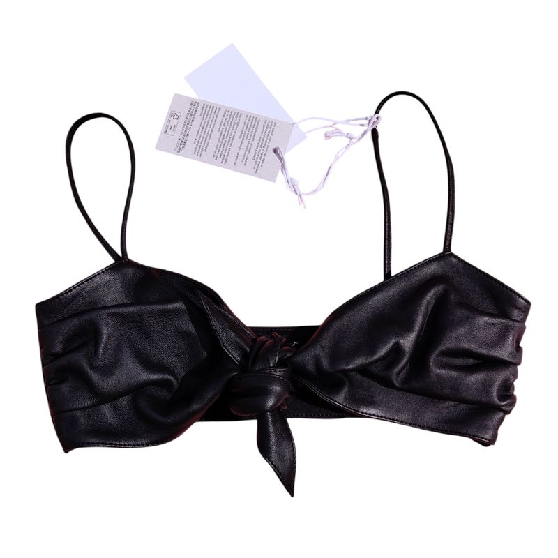 Crop top femme noir cuir véritable à nouer 36 40