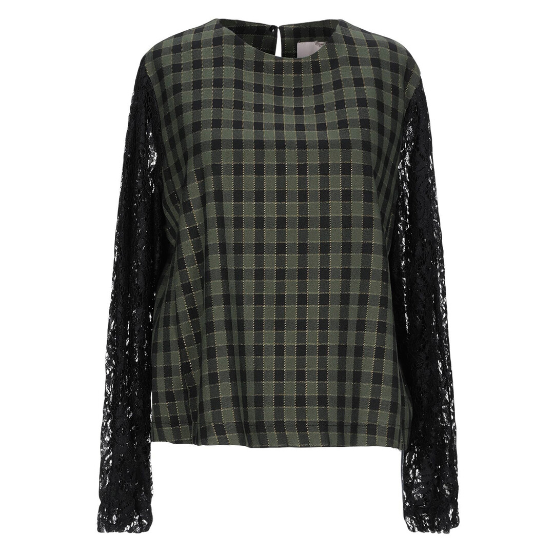 Blouse kaki à carreaux avec lurex doré et manches longues en dentelle noire pour femme