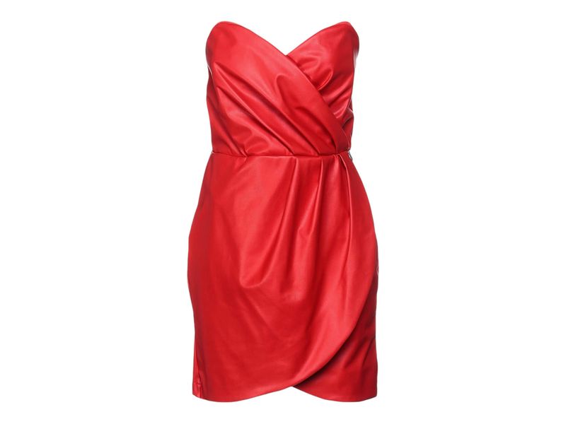 Robe rouge bustier courte en simili cuir drapé 