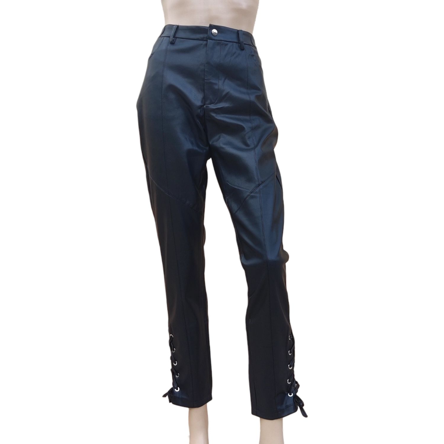 pantalon simili cuir noir femme slim taille haute à lacets latéraux