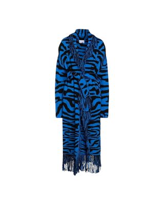 Gilet long laine zèbre bleu noir – ceinturé – franges – M