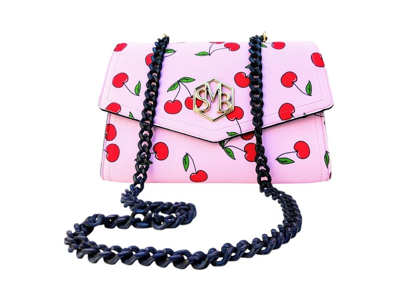 sac bandoulière femme rose clair motif cerise - chaîne maillons noirs