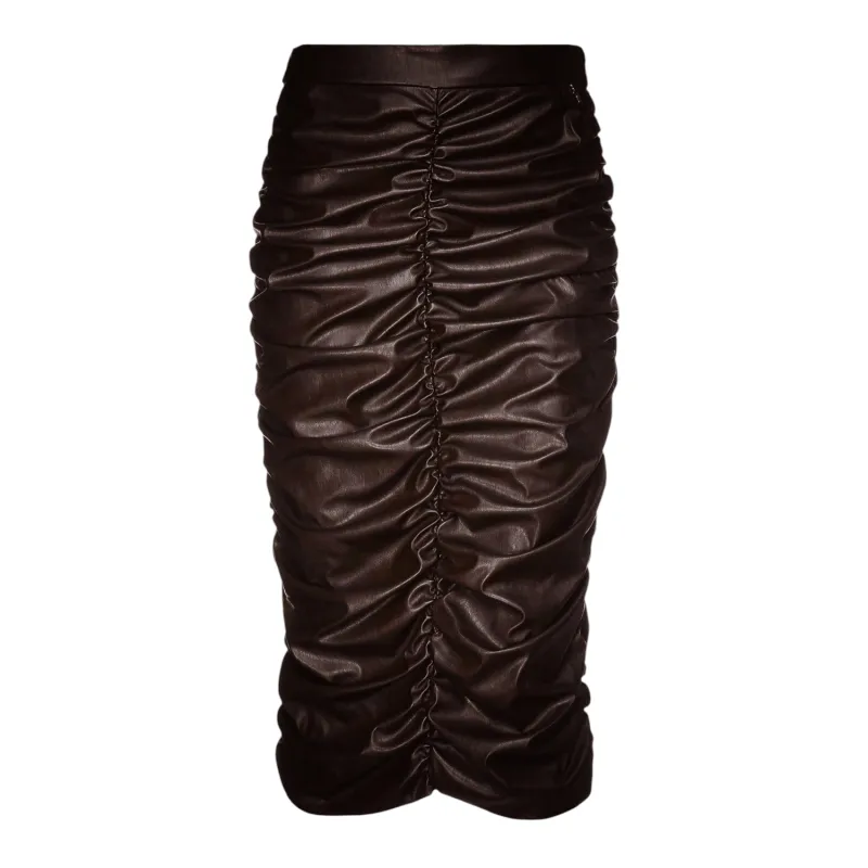 jupe crayon simili cuir marron foncé taille haute