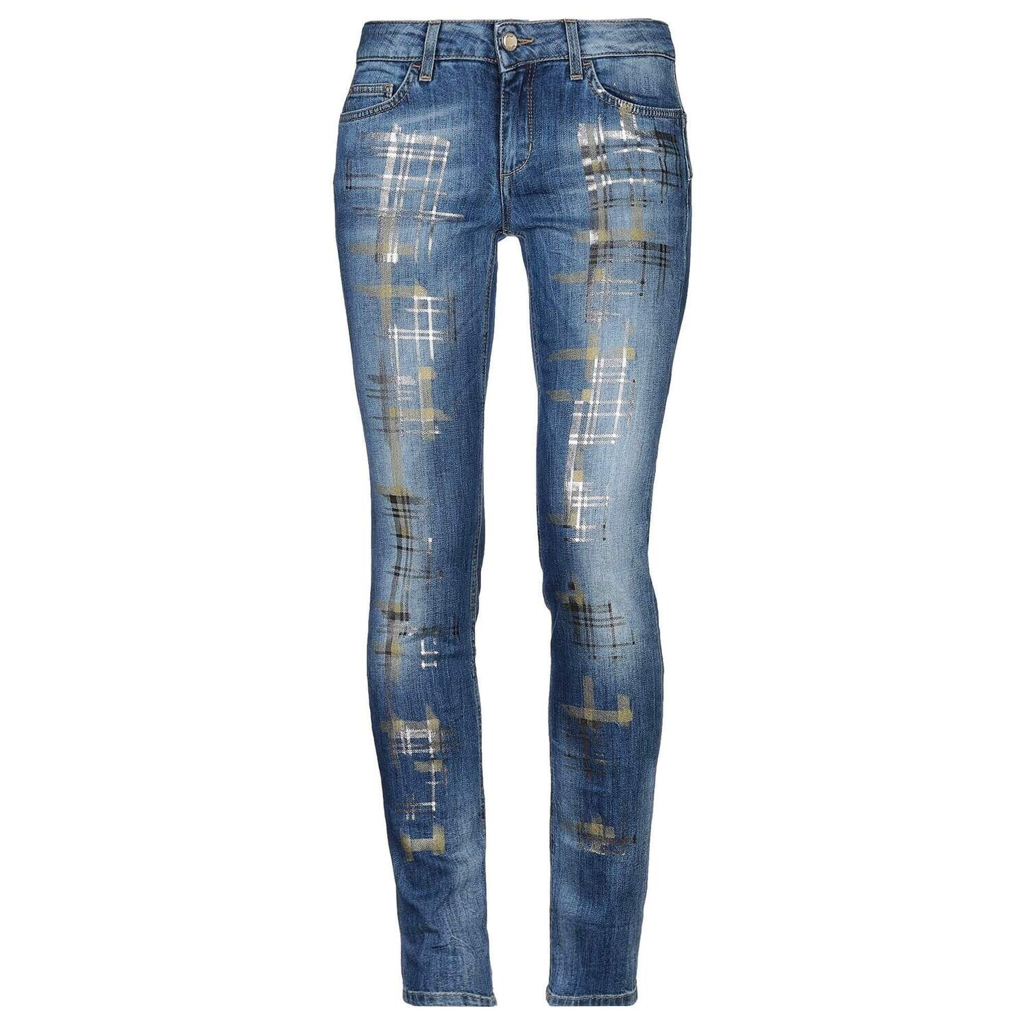 Jean slim femme bleu avec effet peinture argenté et doré 