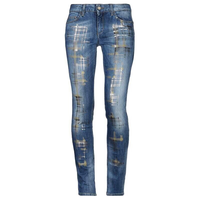 Jean slim femme bleu avec effet peinture argenté et doré 