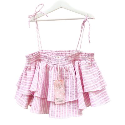 Top à volants rose imprimé vichy - M • L