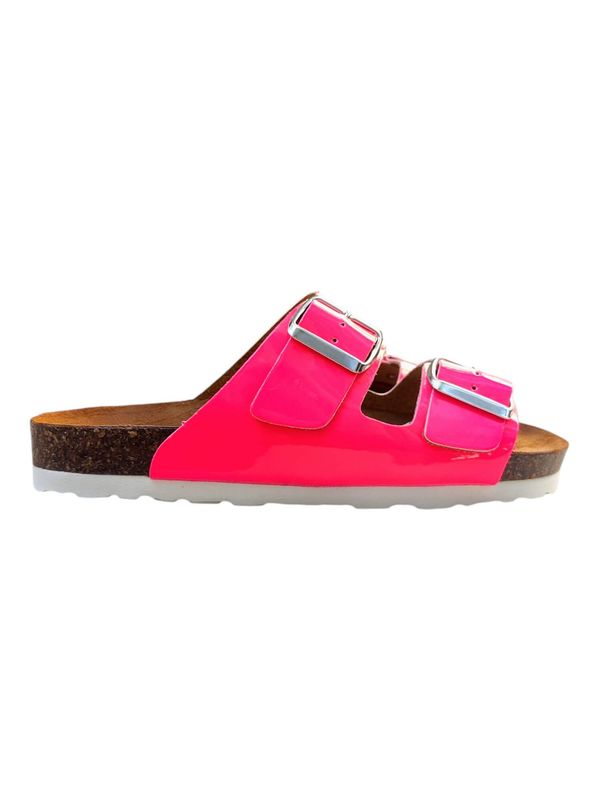 sandales femme rose fluo verni cuir double brides semelle liège