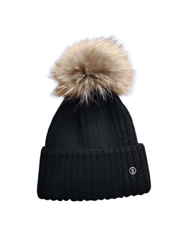 bonnet femme laine noir avec pompon amovible